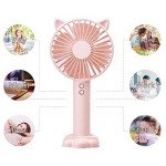 Wholesale Cat Ear Portable USB Rechargeable Handheld 3 Speed Strong Wind Electric Small Mini Cooling Fan with Cell Phone Holder and Light (Pink)